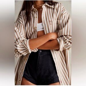 Free People Freddie Striped Shirt Size XS Neutral Combo Brown and White